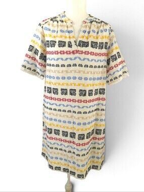 Lou & Grey Women's Cotton Shift Dress Colorful Tribal Textured Fringe - Size XXS